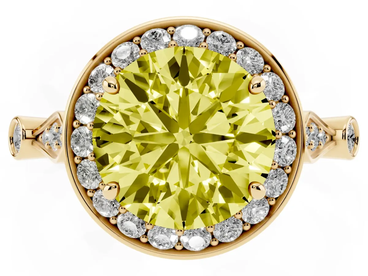 Fancy Yellow Round Cut Halo Diamond Engagement Ring with Twisted Band and Four-Prong Setting Yellow gold