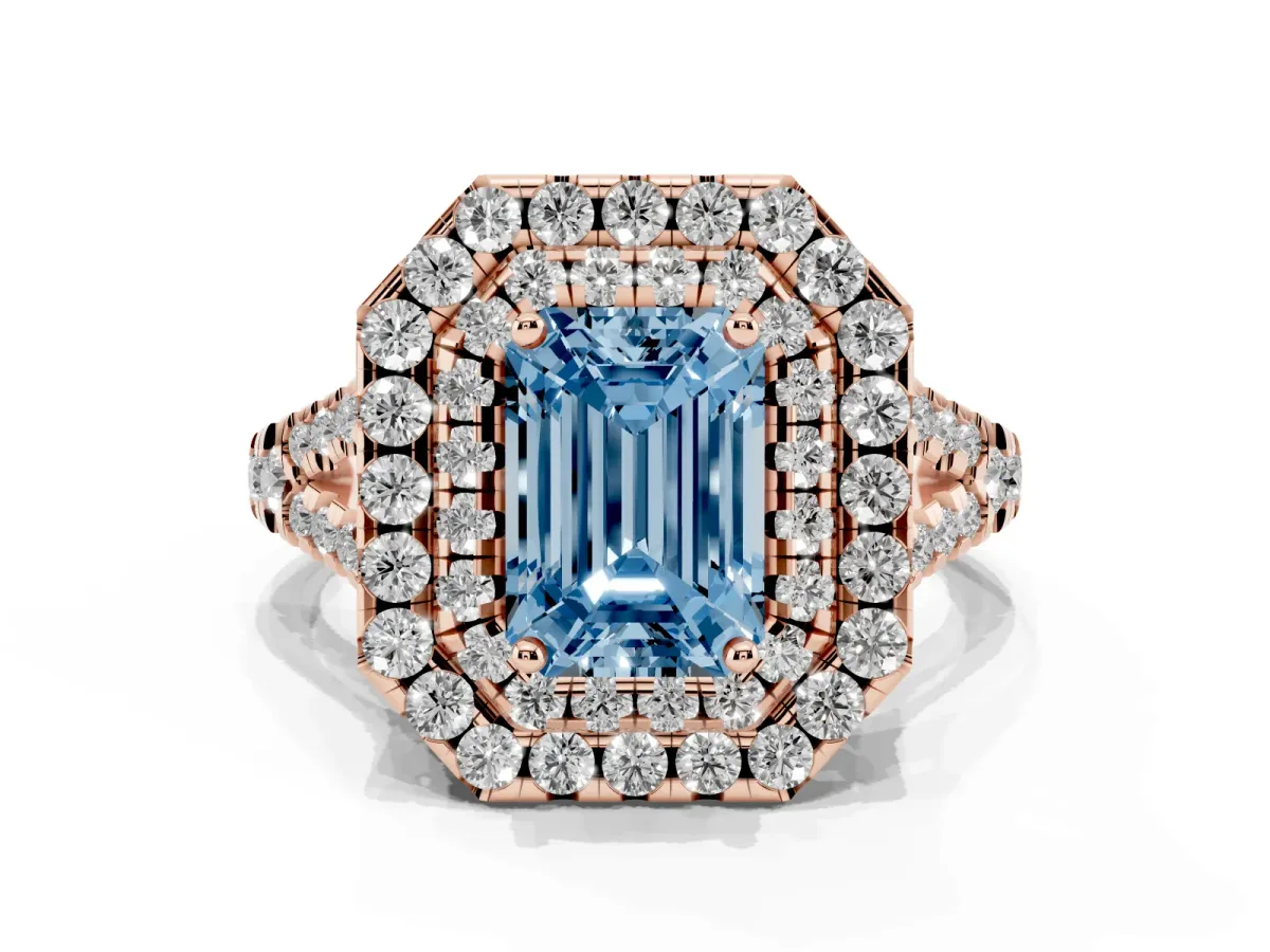 Fancy Blue Double Halo Emerald Cut Diamond Pavé Split Shank Ring with Prong Setting Rose gold