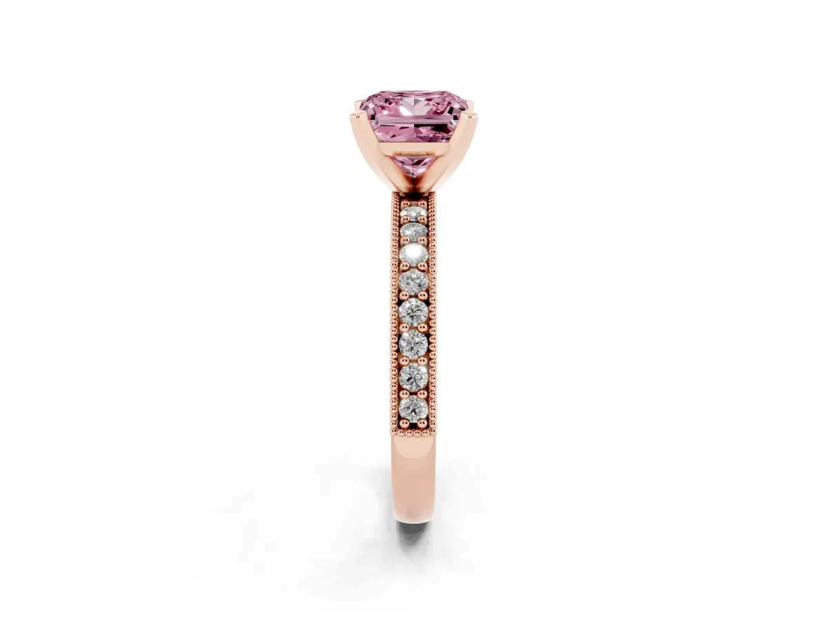 Fancy Pink Princess Cut Diamond Milgrain Pavé Engagement Ring with Four-Prong Setting Rose gold