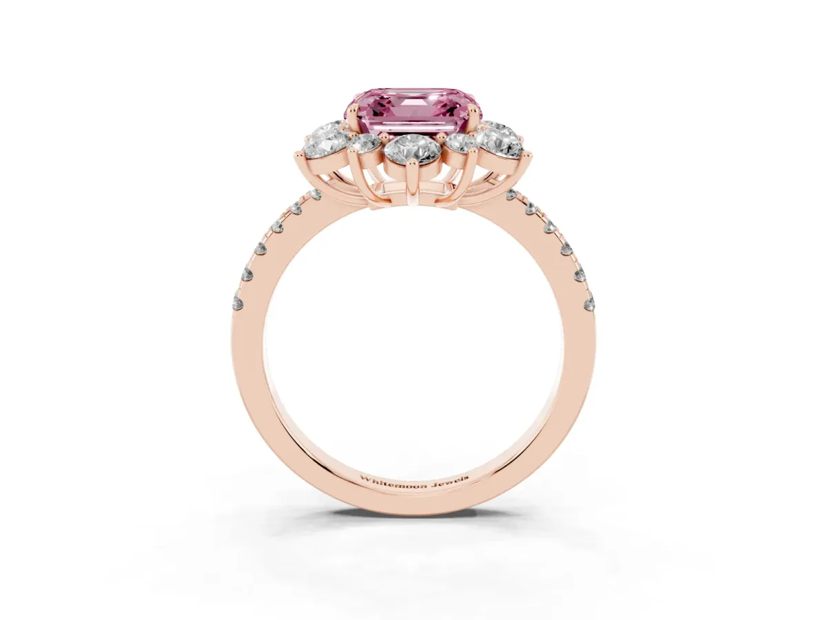 Fancy Pink Asscher Cut Diamond Floral Halo Ring with Round Pavé Band and Prong Setting Rose gold