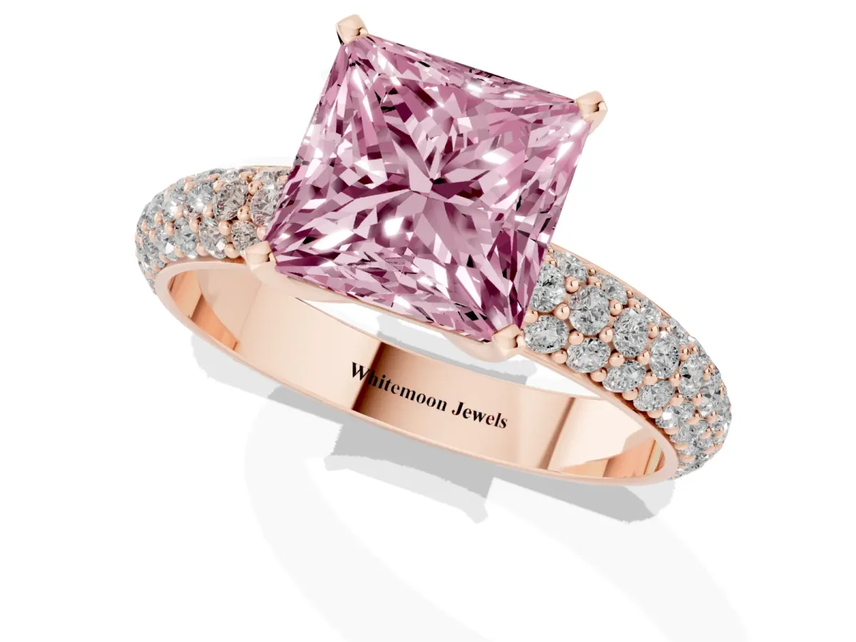 Fancy Pink Princess Cut Diamond Solitaire Ring with Prong Setting and Pavé Band Rose gold