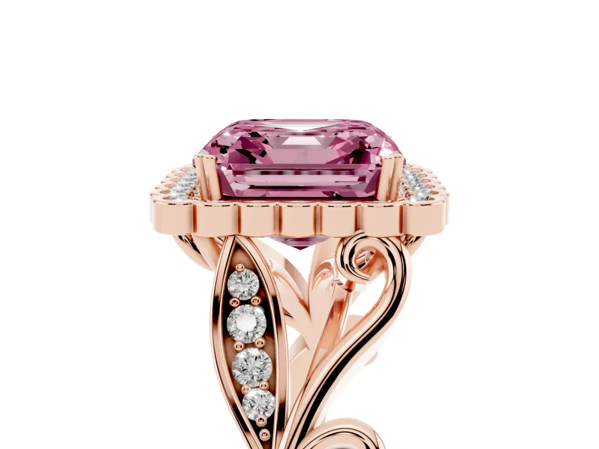 Fancy Pink Asscher Cut Diamond Halo Ring with Vintage Split Shank and Four-Prong Setting Rose gold