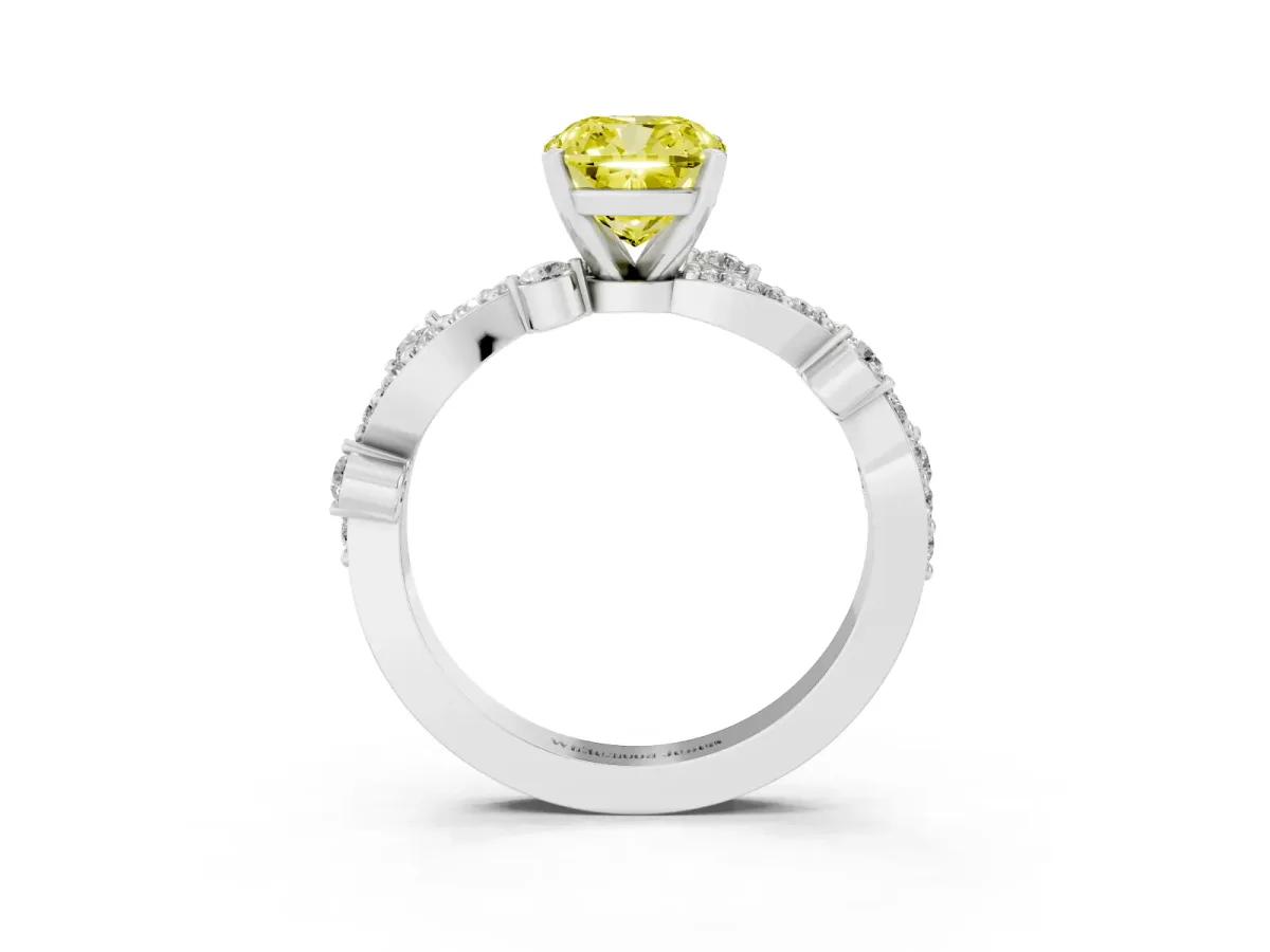 Fancy Yellow Cushion Cut Cut Solitaire Diamond Twisted Band with Pave Setting Silver