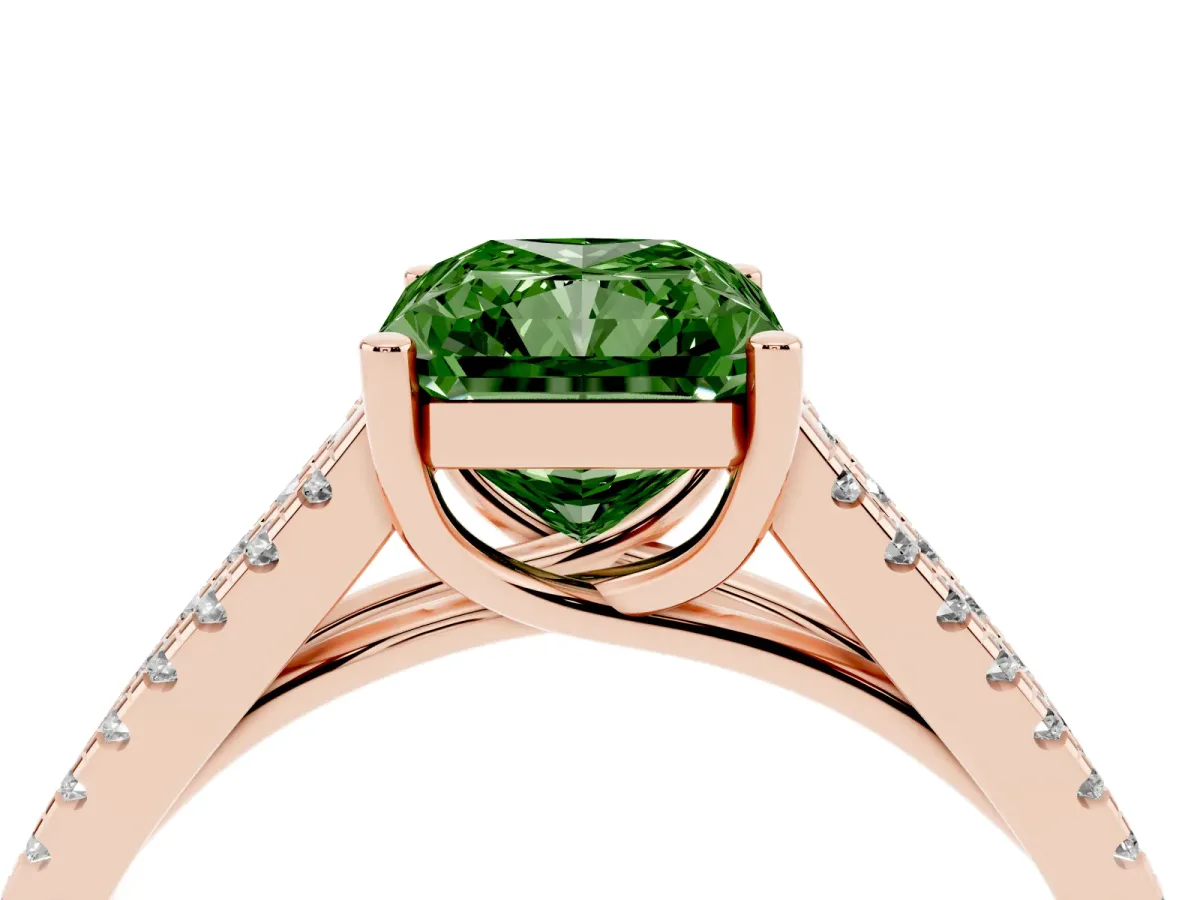 Fancy Green Radiant Cut Diamond Solitaire Engagement Ring with Split Shank Pavé Band Rose gold