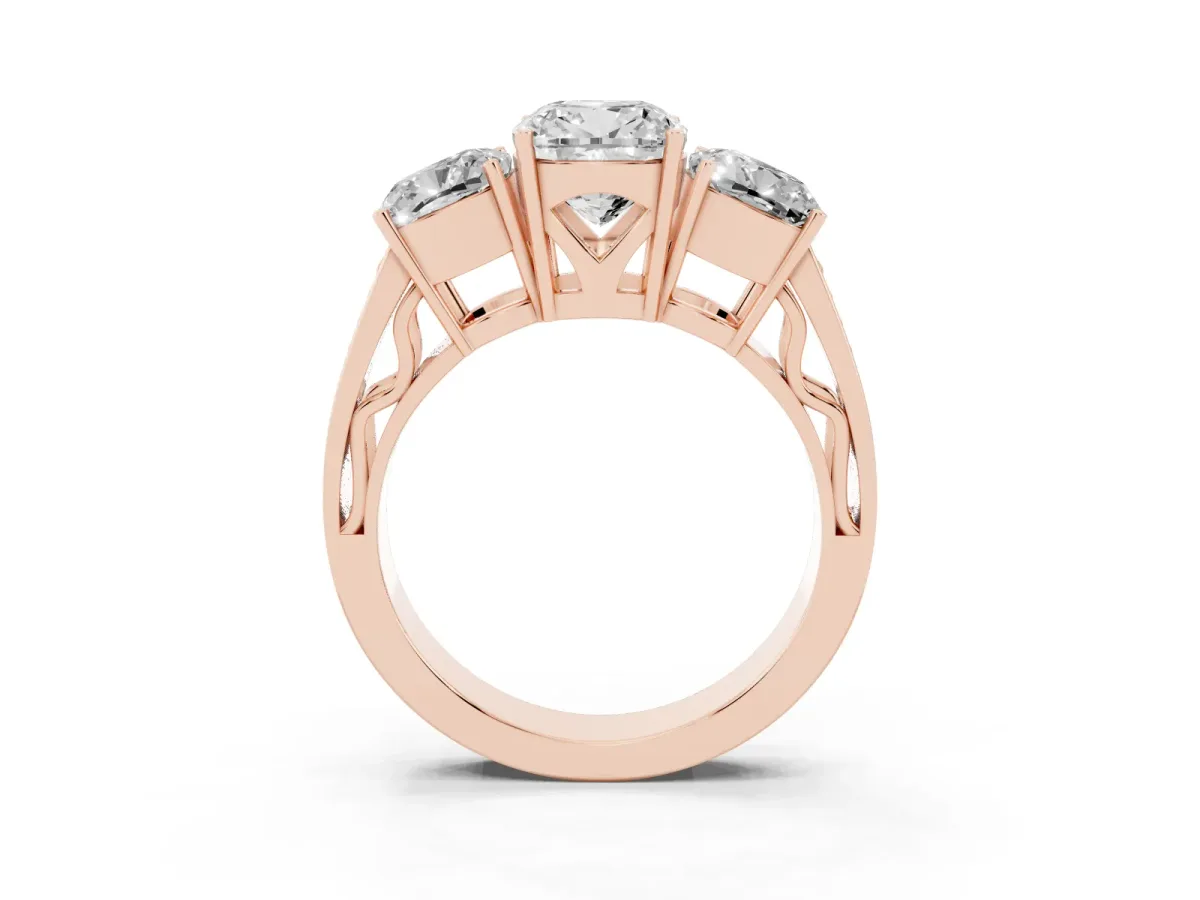 Cushion Cut Diamond Three-Stone Ring with Prong Setting and Textured Band Rose gold