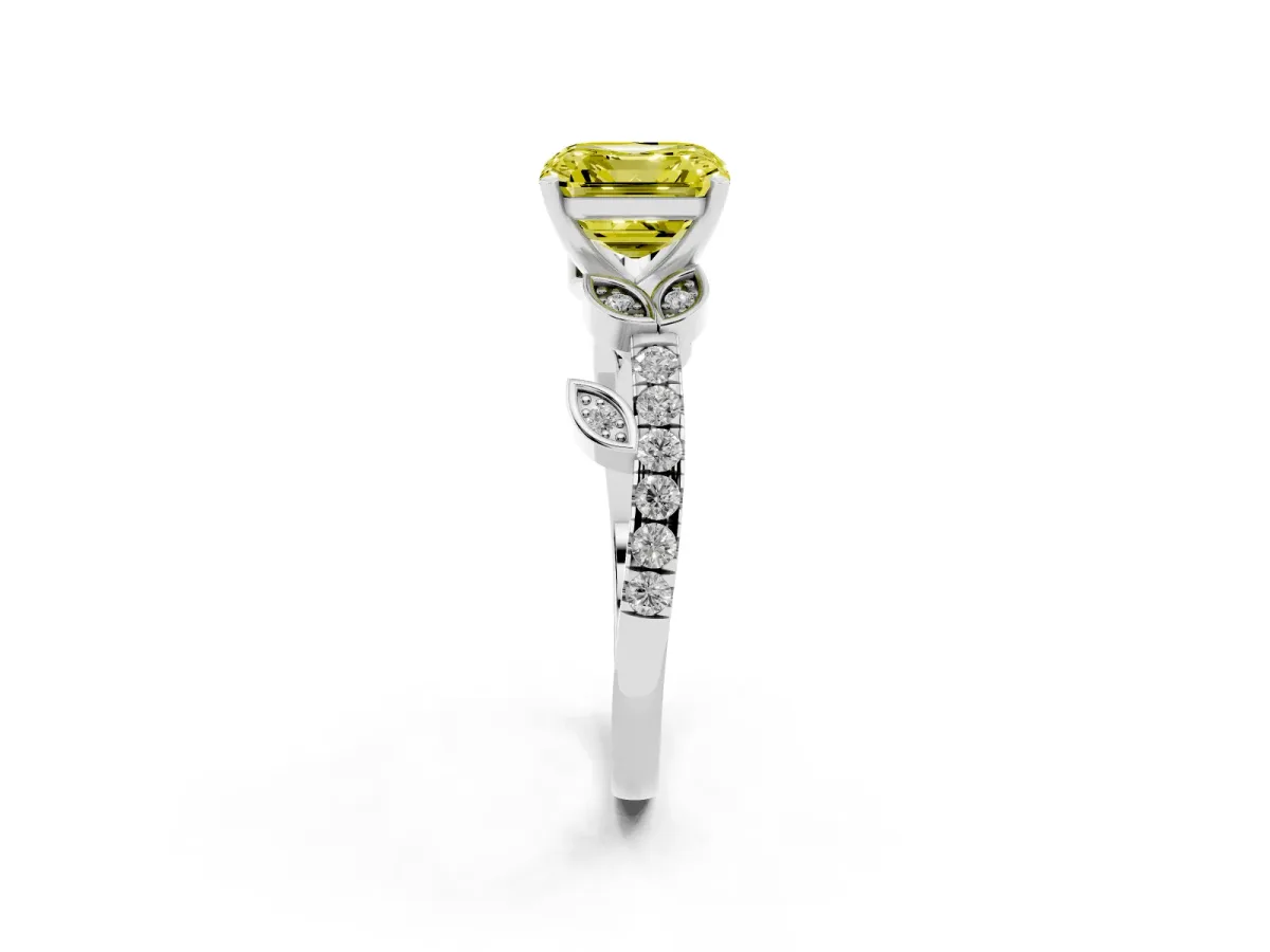 Fancy Yellow Asscher Cut Solitaire Leaf-Inspired Diamond Ring with Pavé Band and Four-Prong Setting Silver