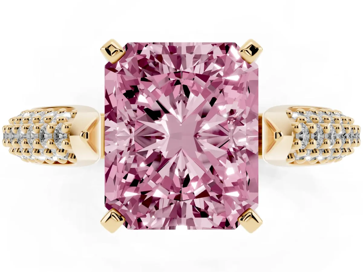 Fancy Pink Radiant Cut Diamond Solitaire Engagement Ring with Multi-Row Round Pavé Band and Prong Setting Yellow gold