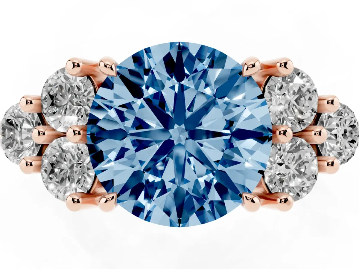 Fancy Blue Round Cut Brilliant Diamond Cluster Accent Solitaire Ring with Prong Setting Rose gold