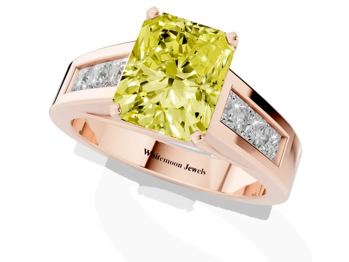 Fancy Yellow Radiant Cut Cut Channel Set Solitaire Ring with Four-Prong Setting Rose gold