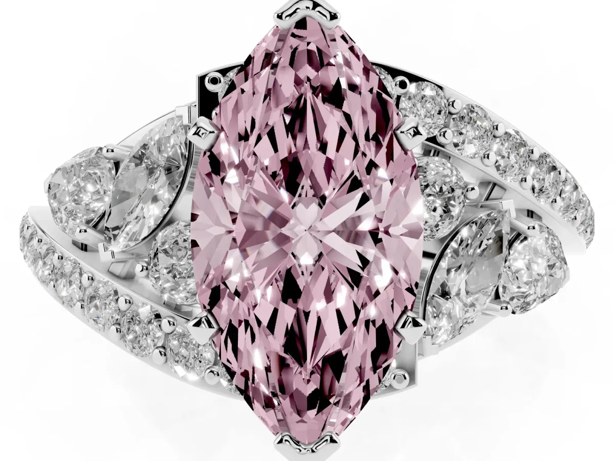 Fancy Pink Marquise Cut Diamond Halo Ring with Marquise and Pavé Band in Prong Setting Silver