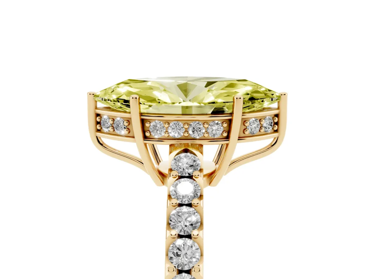 Fancy Yellow Marquise Cut Solitaire Diamond Engagement Ring with Pavé Band and Six-Prong Setting Yellow gold