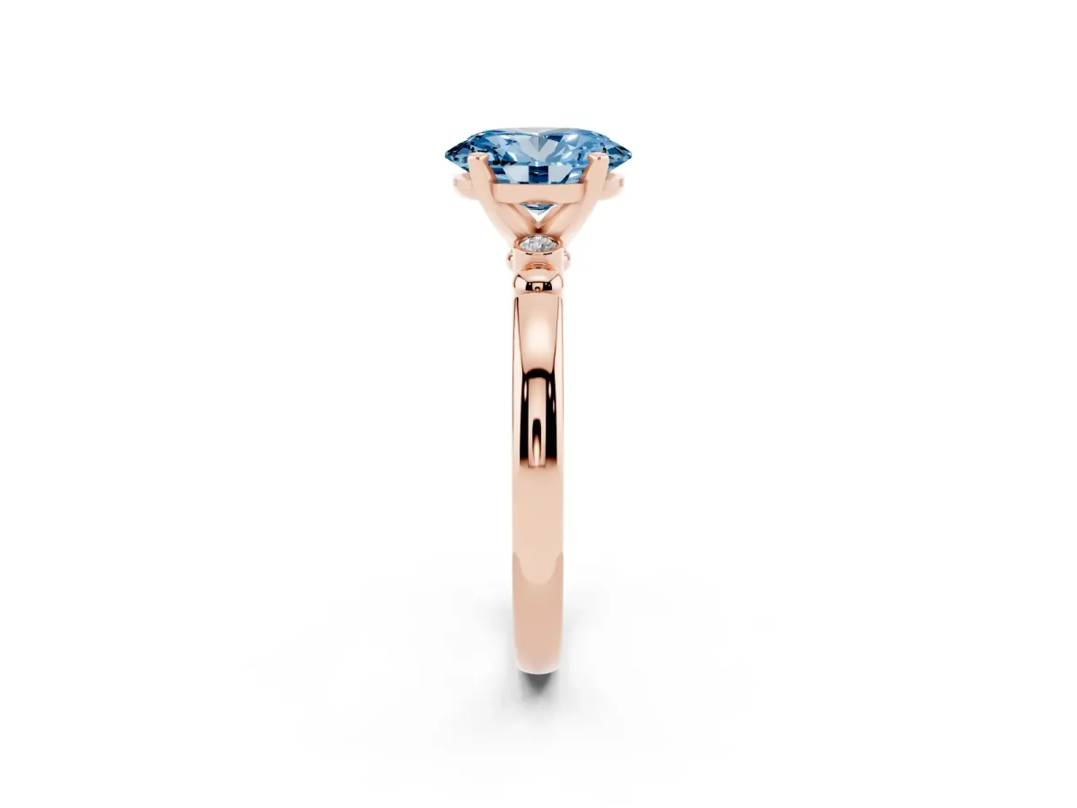 Fancy Blue Oval Cut Solitaire Beaded Band with Four-Prong Setting Rose gold