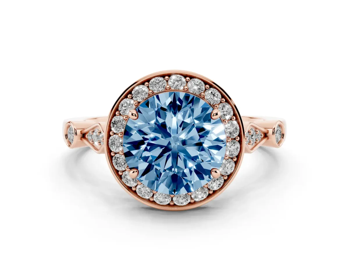 Fancy Blue Round Cut Halo Diamond Engagement Ring with Twisted Band and Four-Prong Setting Rose gold