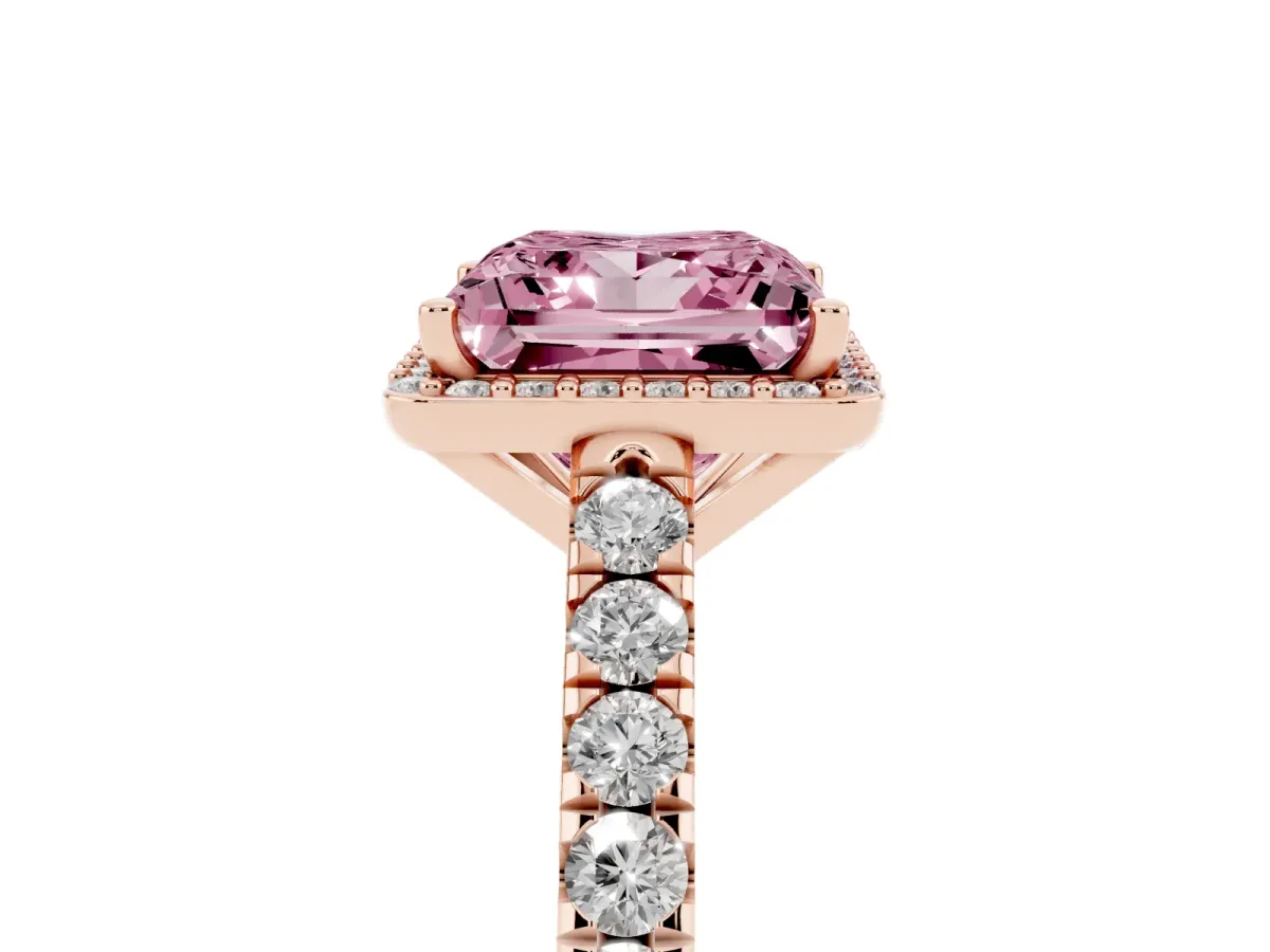 Fancy Pink Princess Cut Cut Halo Diamond Engagement Ring with Pave Band and Four-Prong Setting Rose gold
