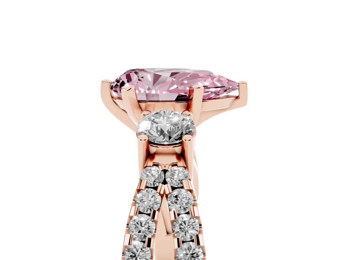 Fancy Pink Pear Cut Diamond Three-Stone Ring with Pavé Split Shank and Four-Prong Setting Rose gold