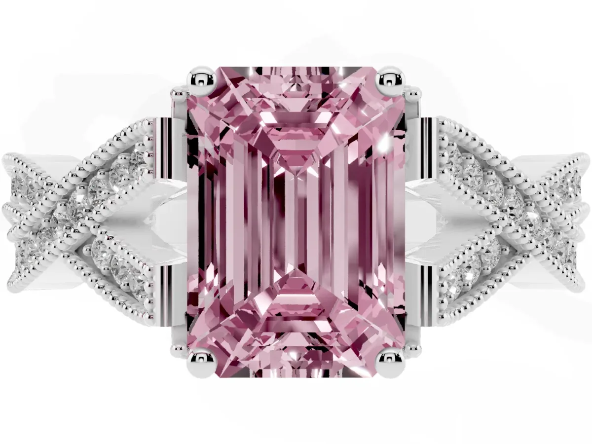 Fancy Pink Emerald Cut Cut Diamond Twisted Band with Milgrain Pave Setting and Four-Prong Setting Silver