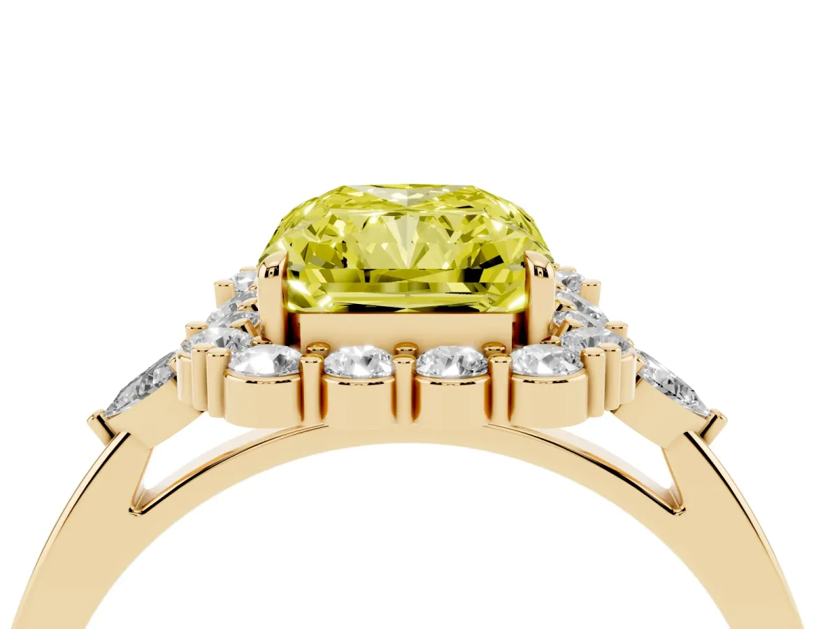 Fancy Yellow Radiant Cut Diamond Halo Ring with Pear Side Stones and Prong Setting Yellow gold