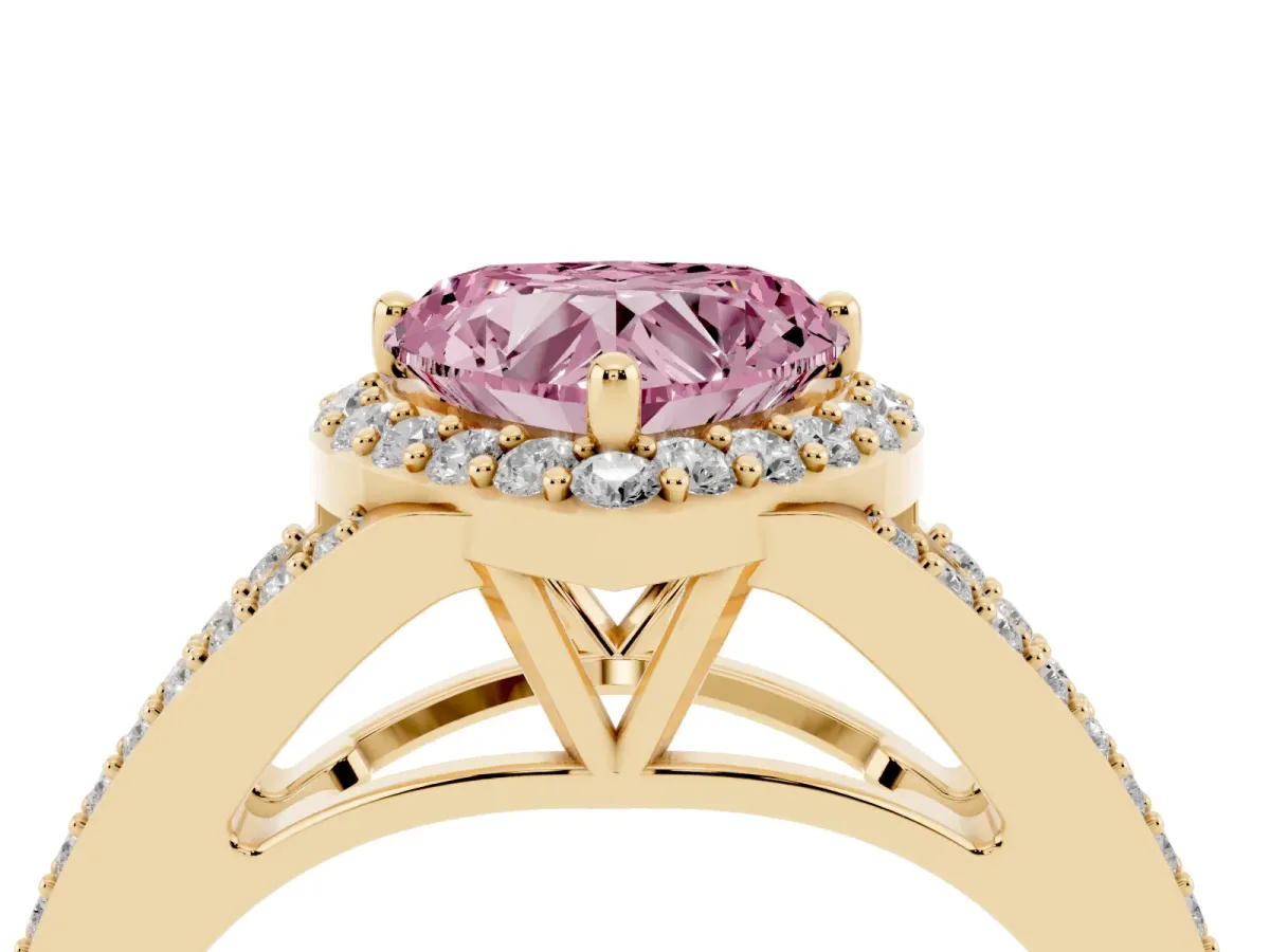 Fancy Pink Heart Cut Halo Split Shank Diamond Ring with Prong Setting Yellow gold