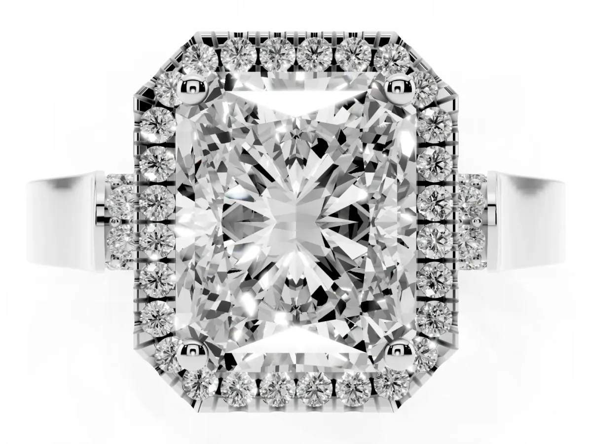 Radiant Cut Halo Pave Split Shank Prong Setting Ring Silver