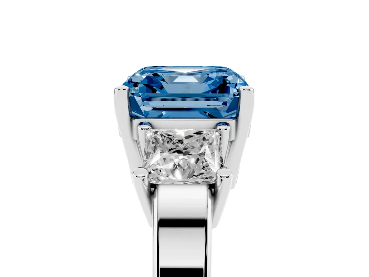 Fancy Blue Three-Stone Asscher Cut Cut Solitaire Ring with Prong Setting Platinum