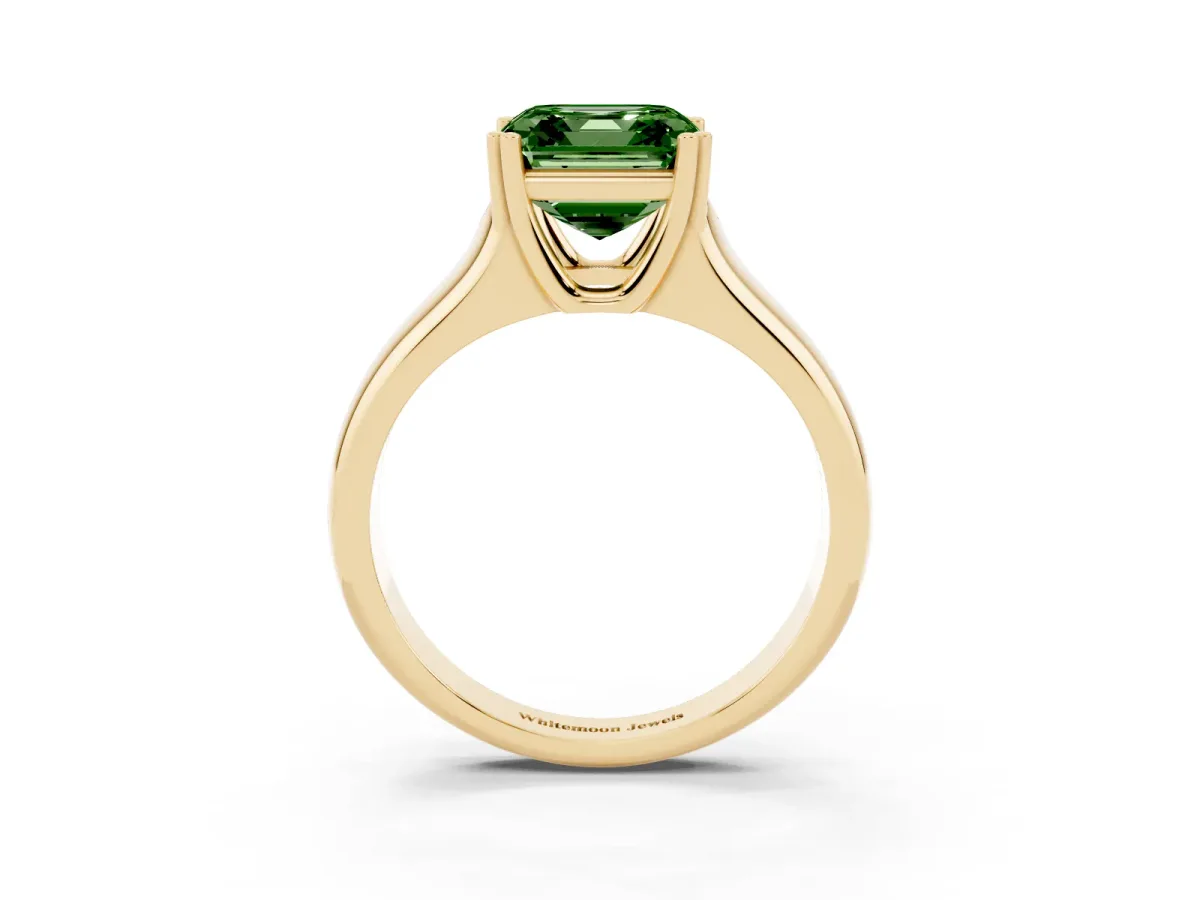 Fancy Green Asscher Cut Diamond Solitaire Ring with Wide Band and Prong Setting Yellow gold