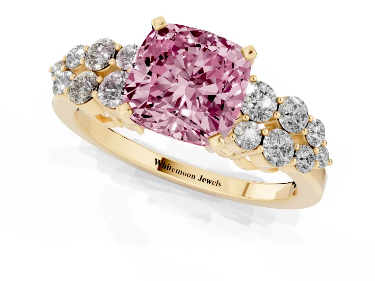 Fancy Pink Cushion Cut Cluster Diamond Engagement Ring with Pavé Band and Four-Prong Setting Yellow gold