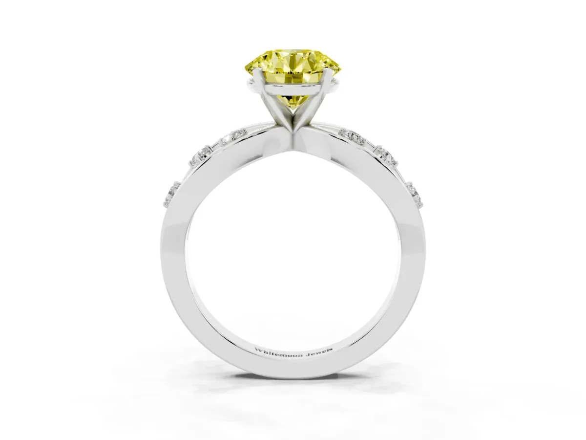 Fancy Yellow Round Cut Cut Solitaire Diamond with Side Stones on Criss-Cross Band and Four-Prong Setting Silver