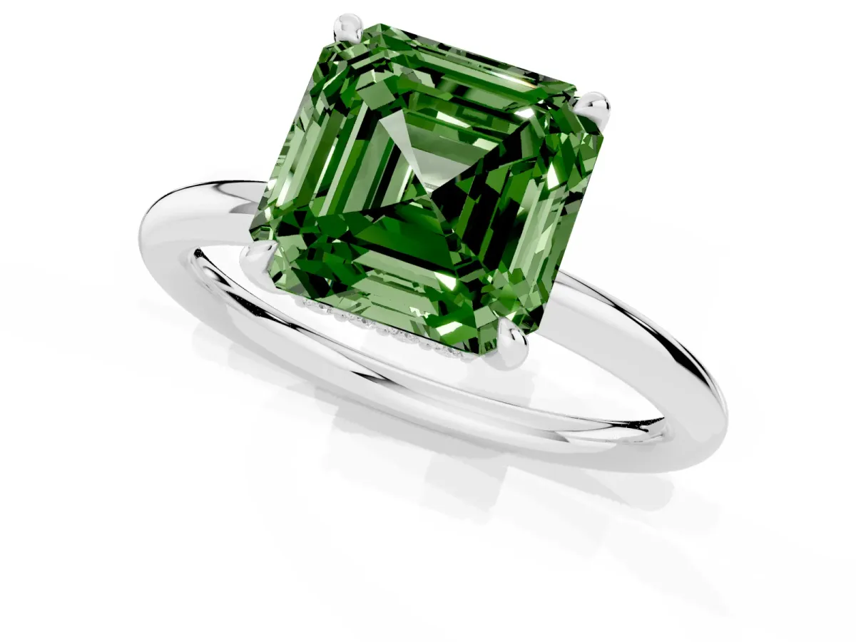 Fancy Green Asscher Cut Diamond Solitaire Ring with Thin Band and Four-Prong Setting Silver