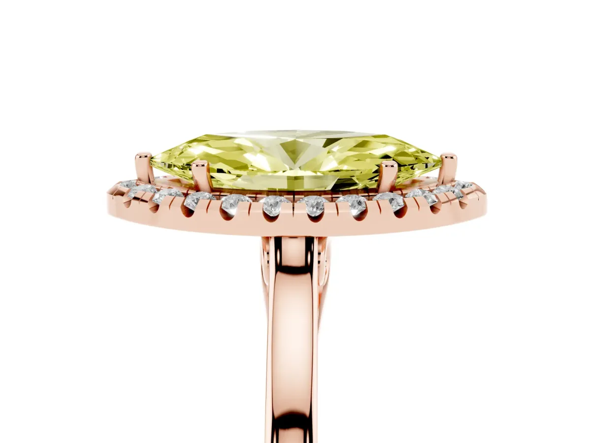 Fancy Yellow Marquise Cut Halo Round Diamond Solitaire Ring with Pavé Band and Four-Prong Setting Rose gold