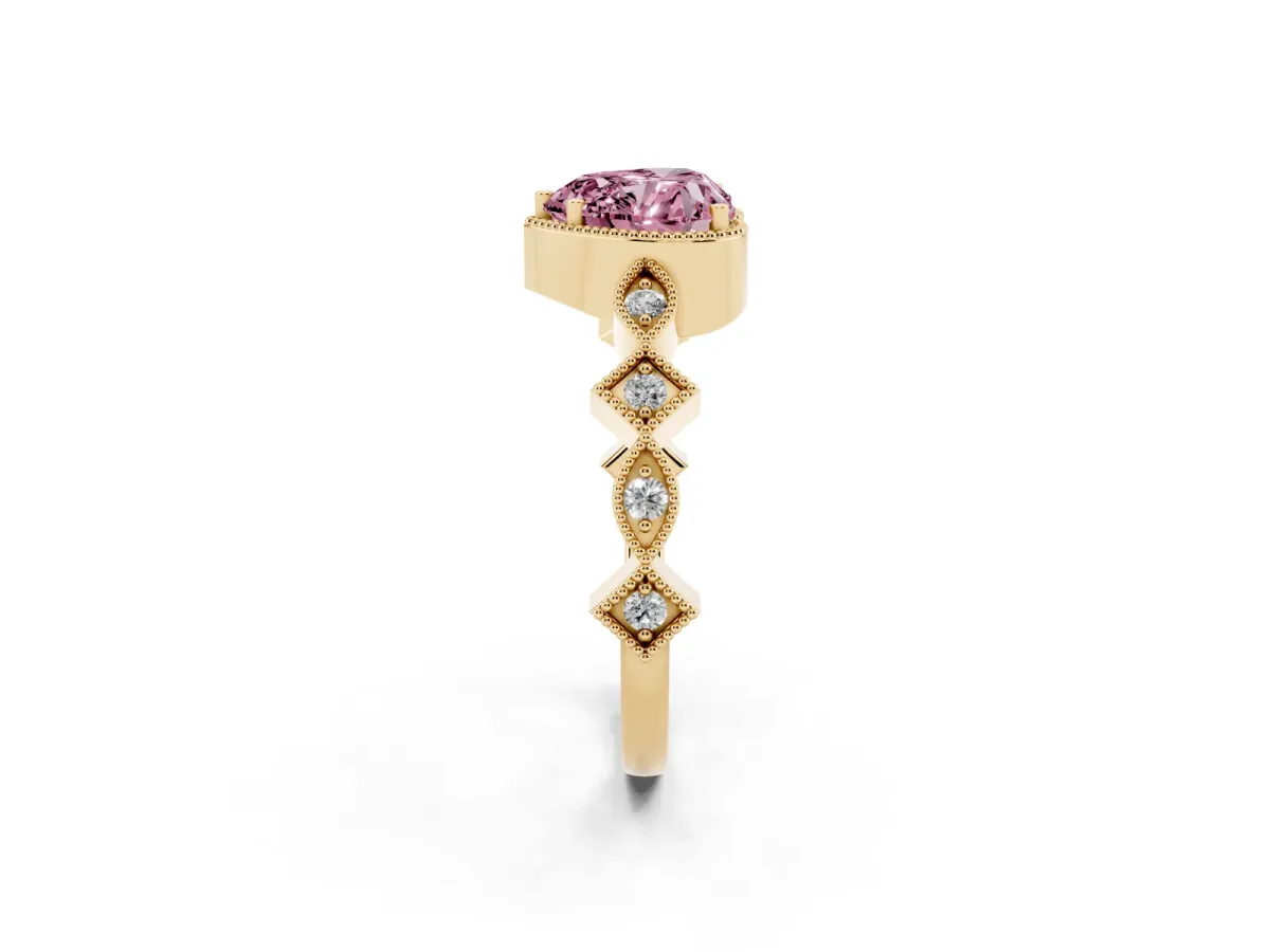 Fancy Pink Heart Cut Milgrain Marquise Diamond Twist Band Ring Yellow gold