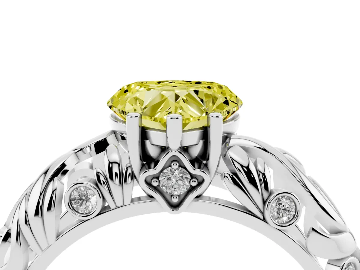 Fancy Yellow Heart Cut Solitaire Diamond Leaf-Inspired Vine Band Ring with Prong Setting Silver