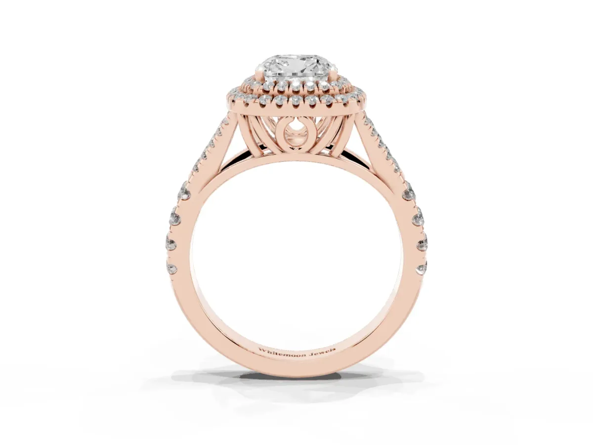 Cushion Cut Diamond Pavé Split Shank Double Halo Engagement Ring Rose gold