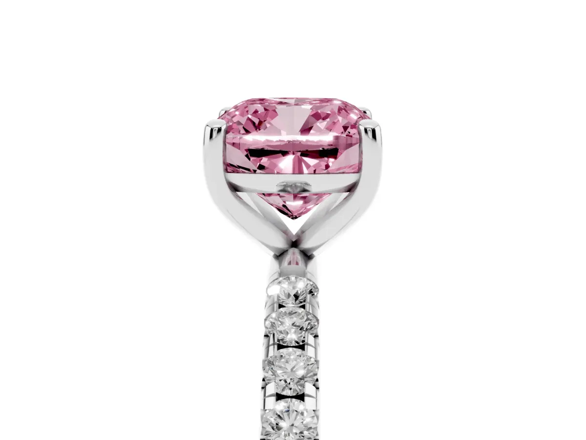 Fancy Pink Cushion Cut Cut Diamond Solitaire Ring with Micro Pave Band and Four Prong Setting Silver