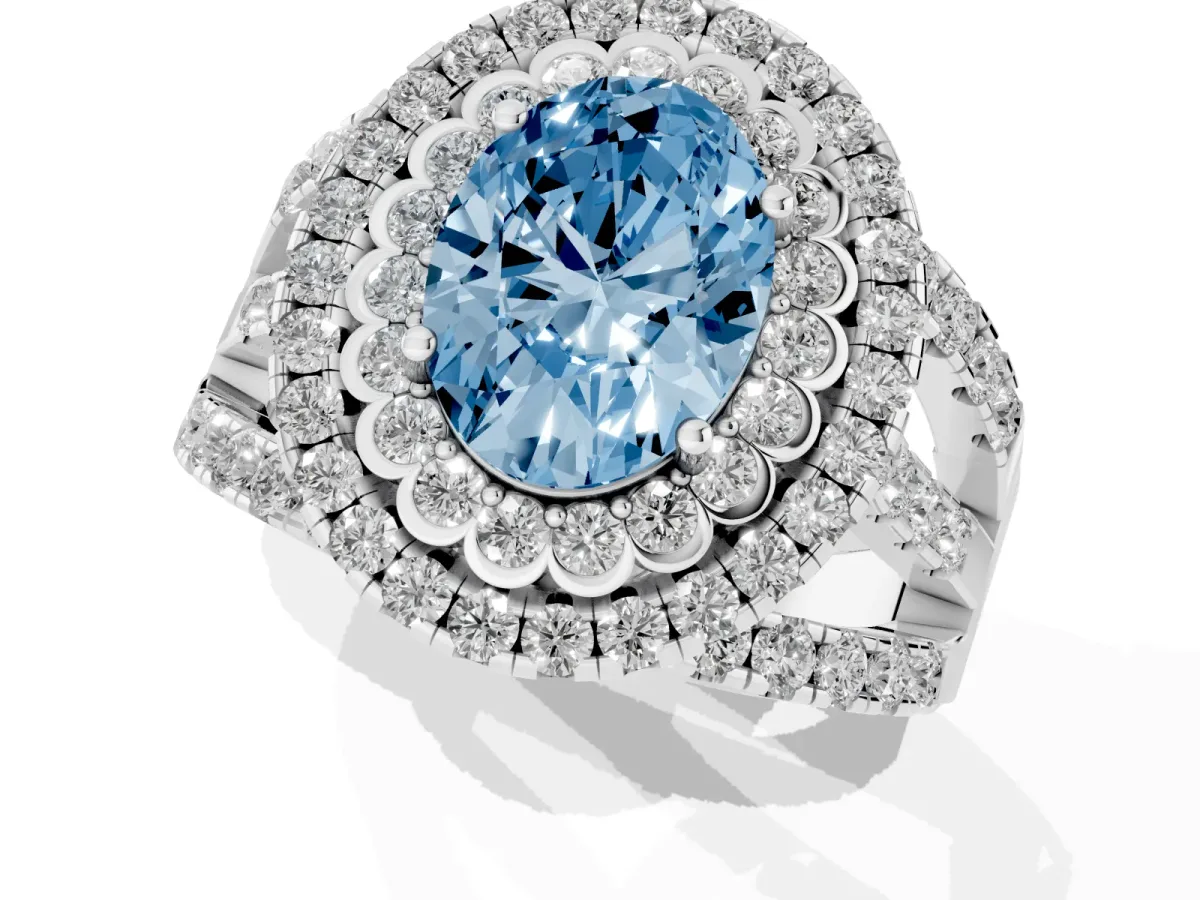 Fancy Blue Oval Cut Diamond Double Halo Ring with Round Pavé Split Shank and Prong Setting Platinum