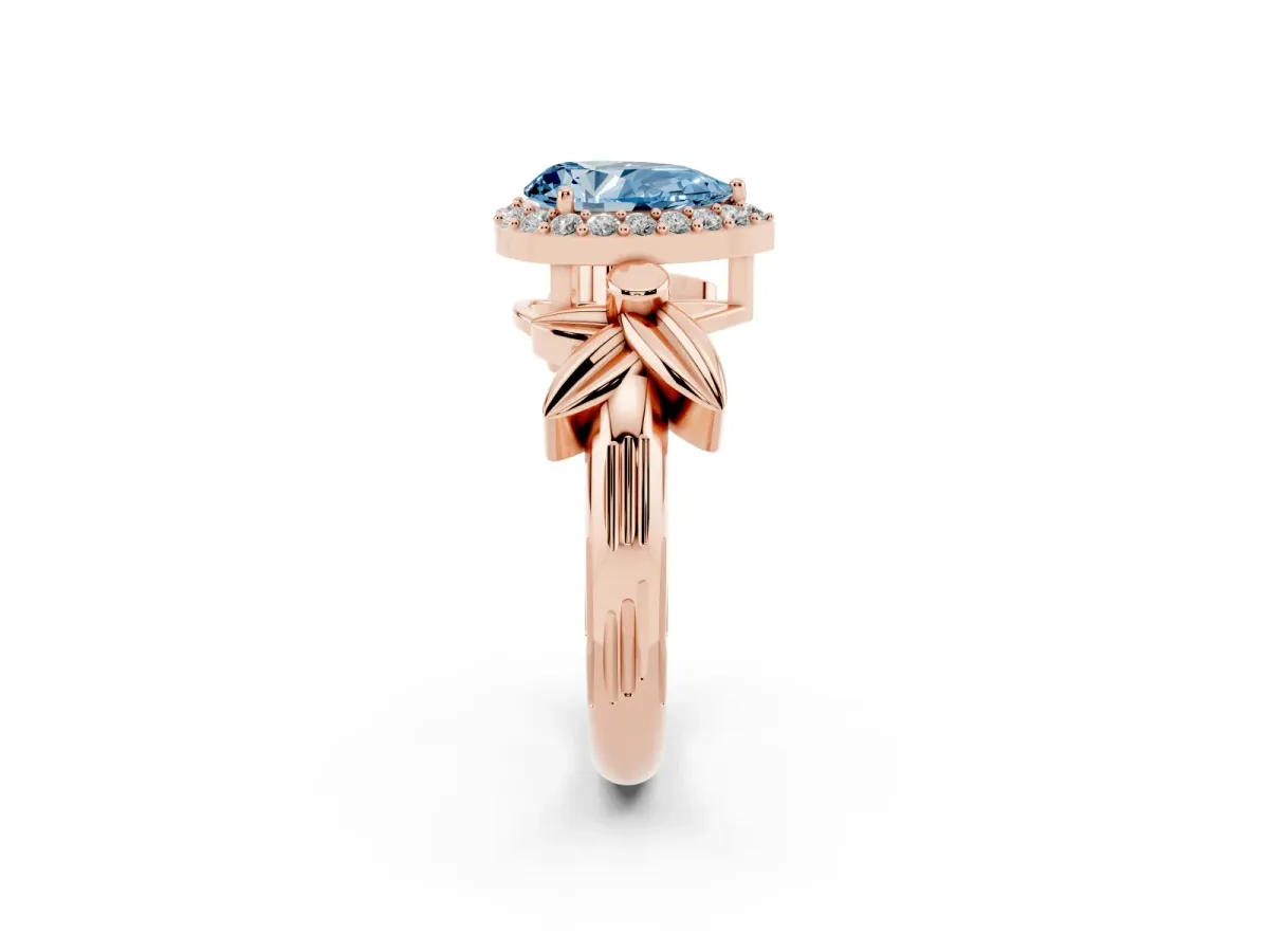 Fancy Blue Pear Cut Halo Diamond Floral Band with Four-Prong Setting Rose gold