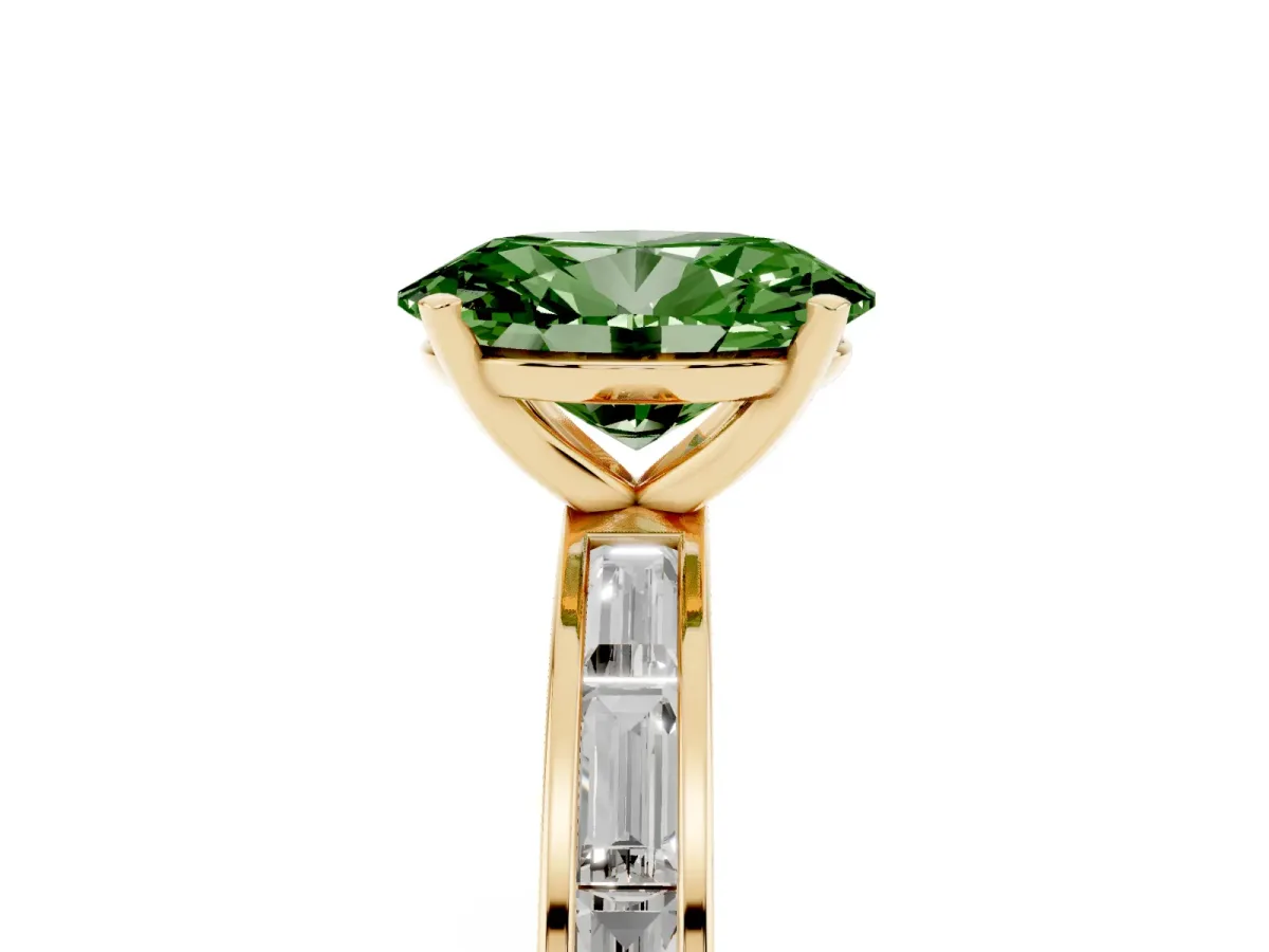 Fancy Green Oval Cut Solitaire Diamond Ring with Channel-Set Baguette Band and Four-Prong Setting Yellow gold