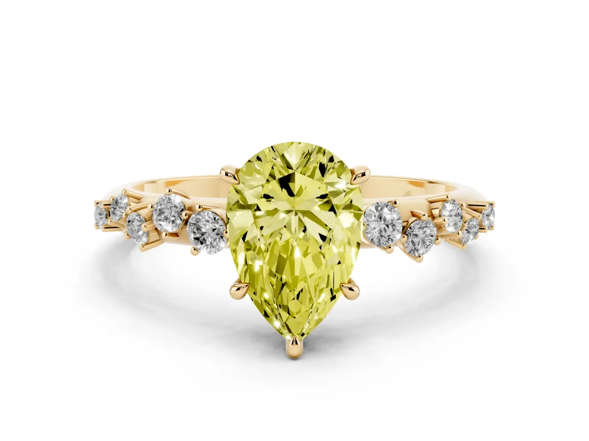 Fancy Yellow Pear Cut Diamond Cluster Side Stone Solitaire Ring with Prong Setting Yellow gold
