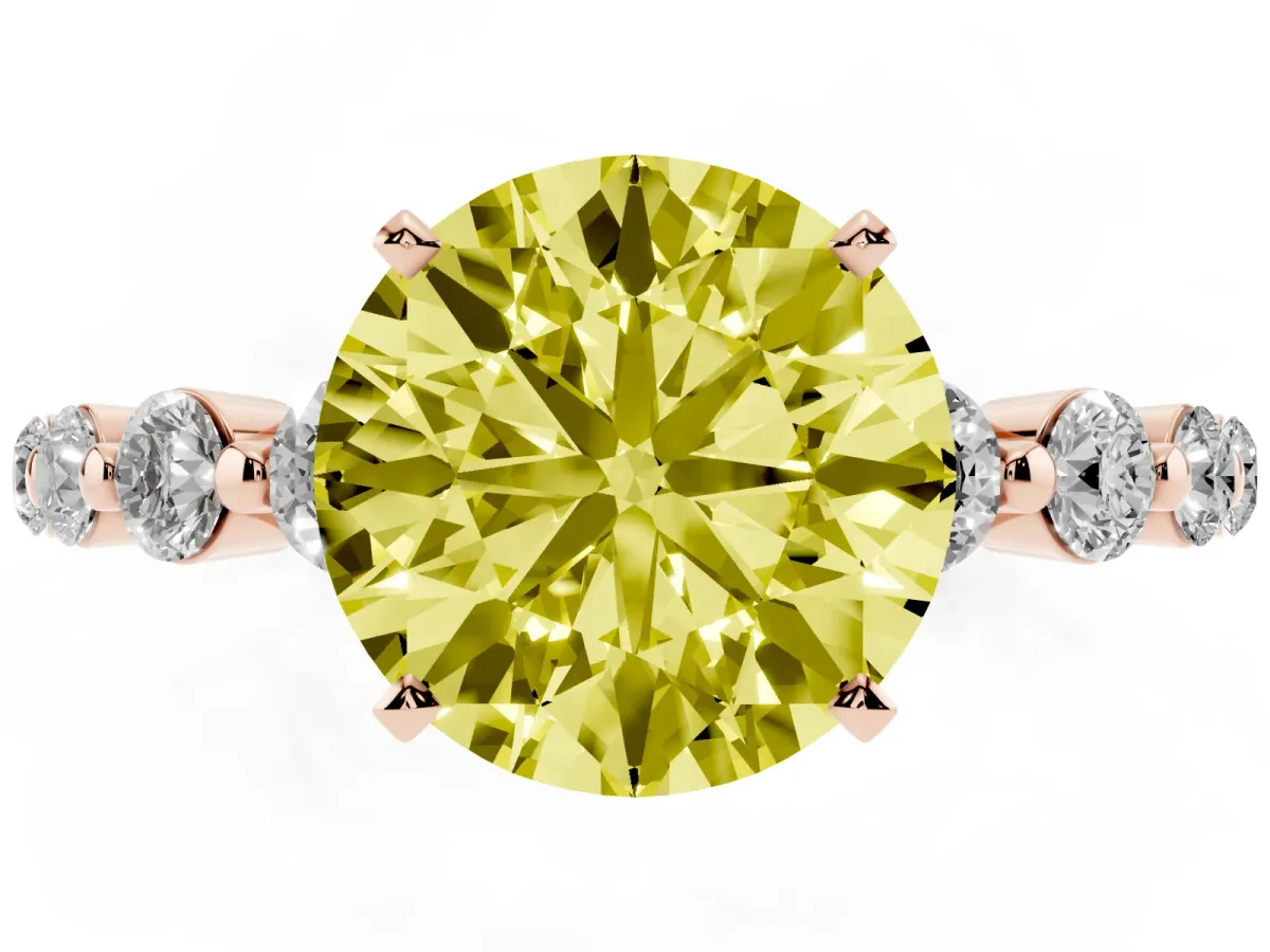 Fancy Yellow Round Cut Solitaire Diamond Ring with Pave Band and Four-Prong Setting Rose gold