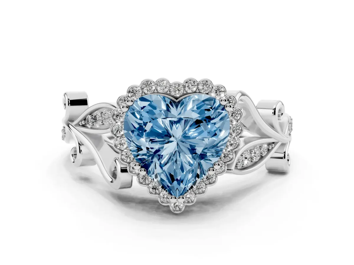 Fancy Blue Heart Cut Diamond Halo Ring with Vintage Split Shank and Four-Prong Setting Silver