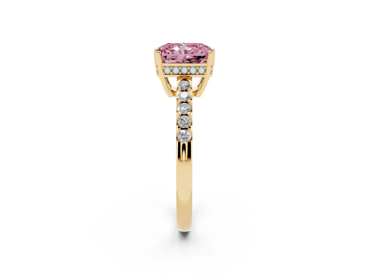 Fancy Pink Radiant Cut Solitaire Diamond Engagement Ring with Pavé Band and Six-Prong Setting Yellow gold