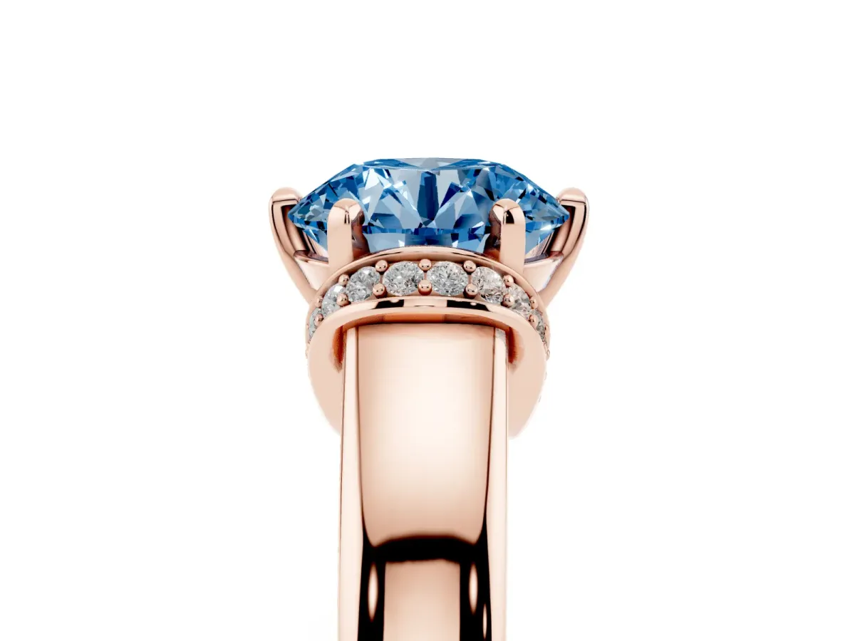 Fancy Blue Round Cut Solitaire Diamond Ring with Pave Band and Six-Prong Setting Rose gold