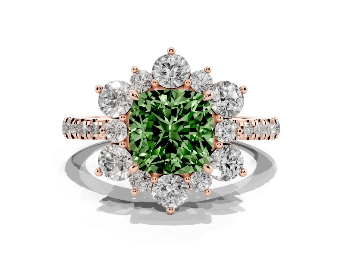 Fancy Green Cushion Cut Diamond Floral Halo Ring with Round Pavé Band and Prong Setting Rose gold