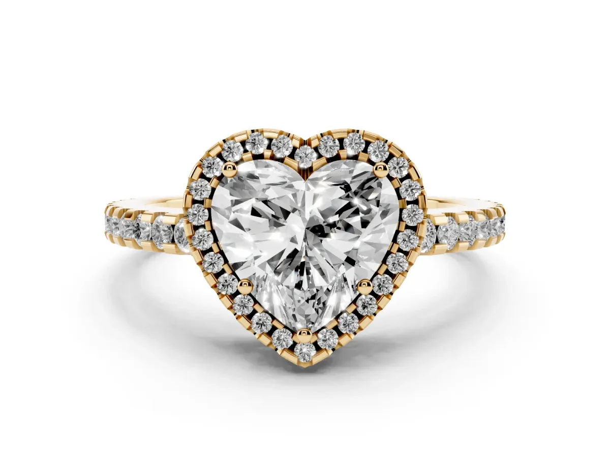 Heart Cut Diamond Halo Engagement Ring with Pavé Band and Prong Setting Yellow gold