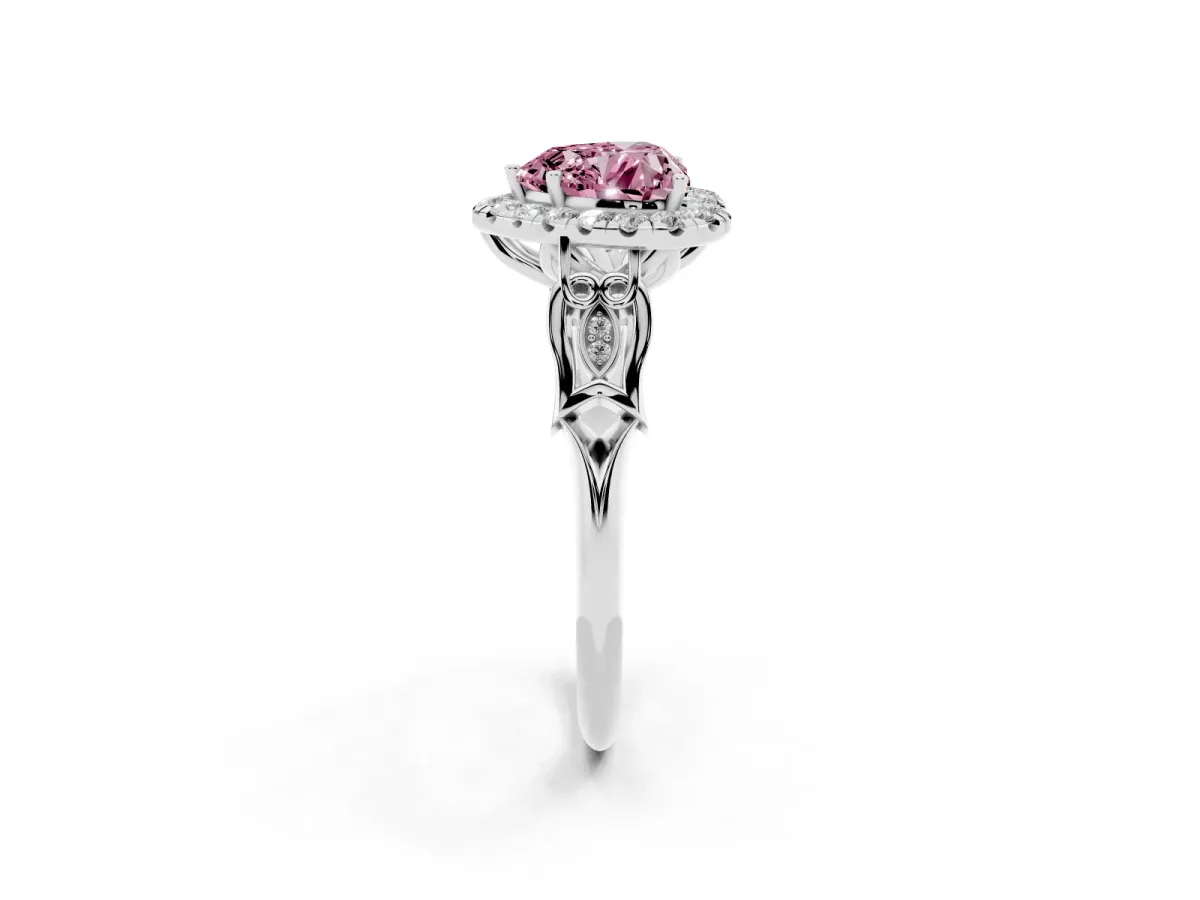 Fancy Pink Heart Cut Halo Diamond Engagement Ring with Filigree Band and Four-Prong Setting Platinum