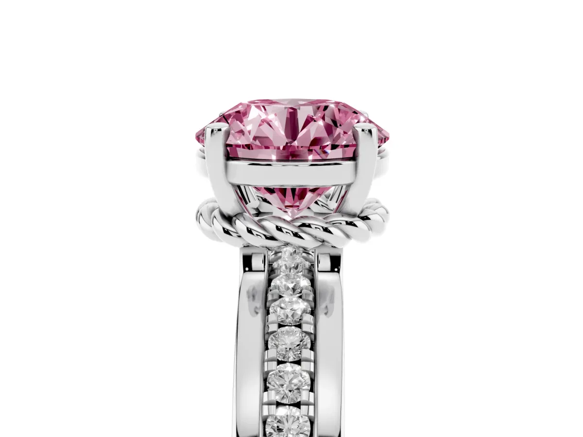 Fancy Pink Round Cut Solitaire Diamond Ring with Channel Set Band and Six-Prong Setting Silver
