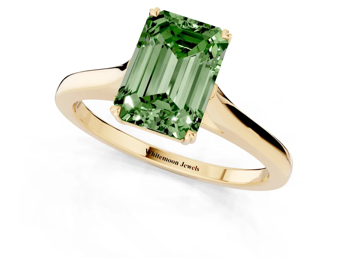 Fancy Green Emerald Cut Solitaire Heart Prong Engagement Ring with Tapered Band Yellow gold
