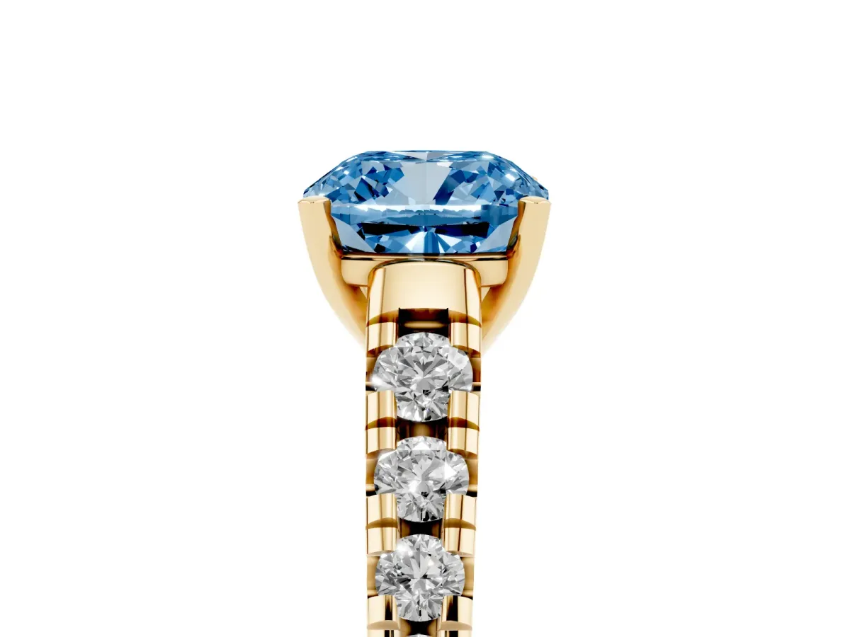 Fancy Blue Cushion Cut Diamond Cathedral Solitaire Ring with Round Pavé Band Yellow gold