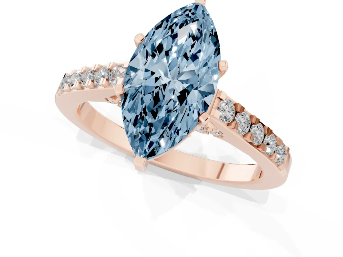 Fancy Blue Marquise Cut Diamond Solitaire Ring with Crossover Gallery and Round Pavé Band Rose gold