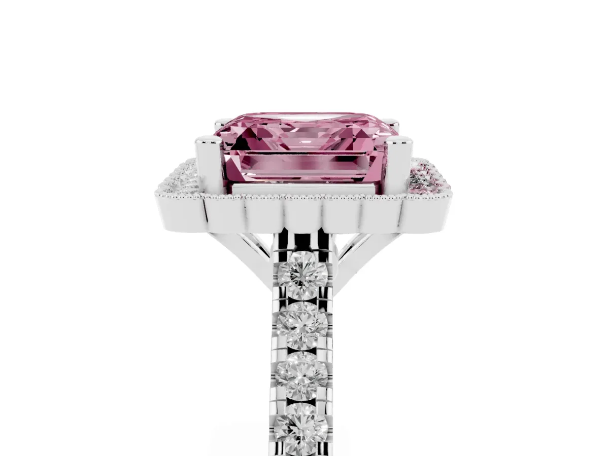Fancy Pink Asscher Cut Cut Diamond Milgrain Floral Halo Engagement Ring with Pavé Band Silver