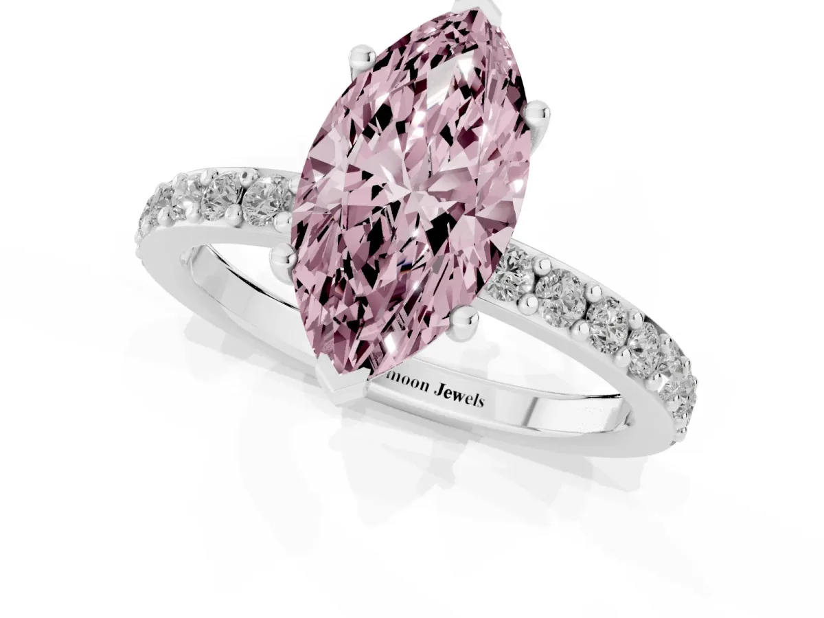 Fancy Pink Marquise Cut Cut Diamond Solitaire with Pave Band and Four-Prong Setting Silver